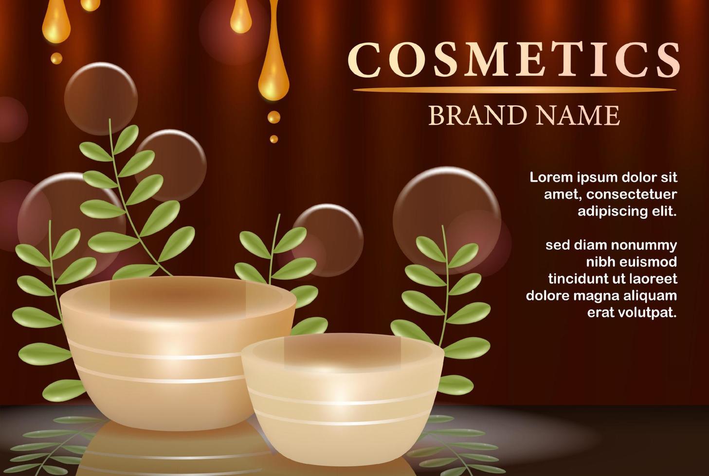 Cosmetic podium, elegant leaves and glass ornament 3d vector. Can be used for product background vector