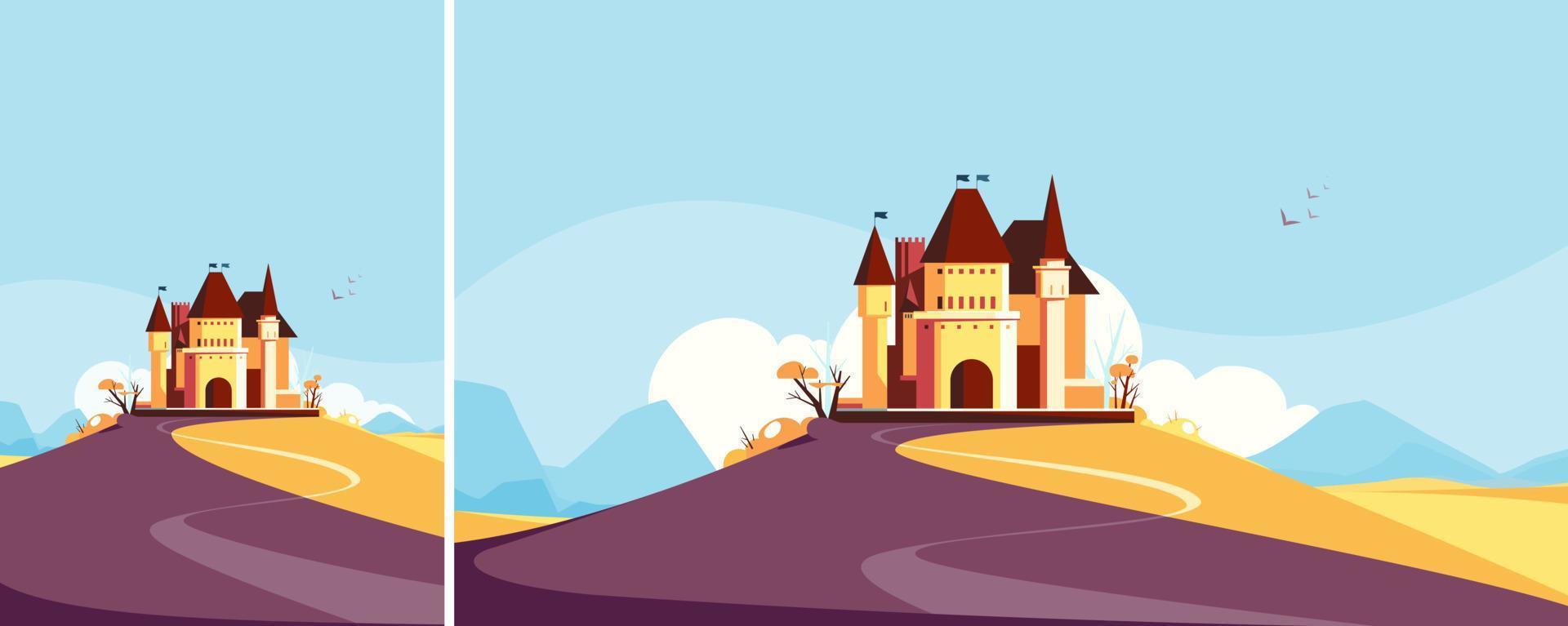 castillo en el colina en otoño estación. paisaje con medieval edificio en diferente formatos. vector