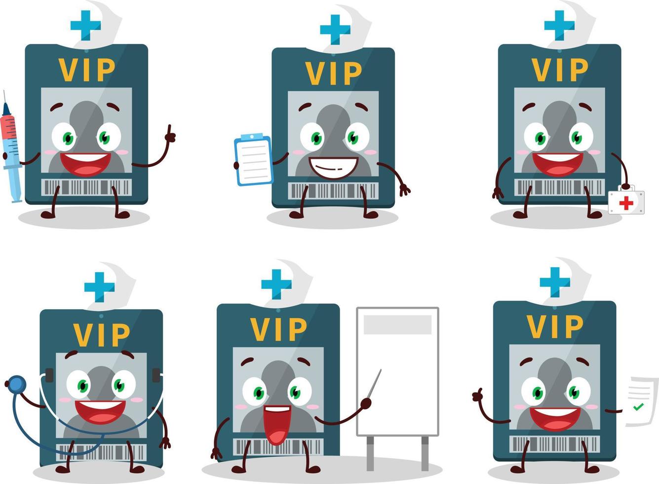 médico profesión emoticon con VIP tarjeta dibujos animados personaje vector