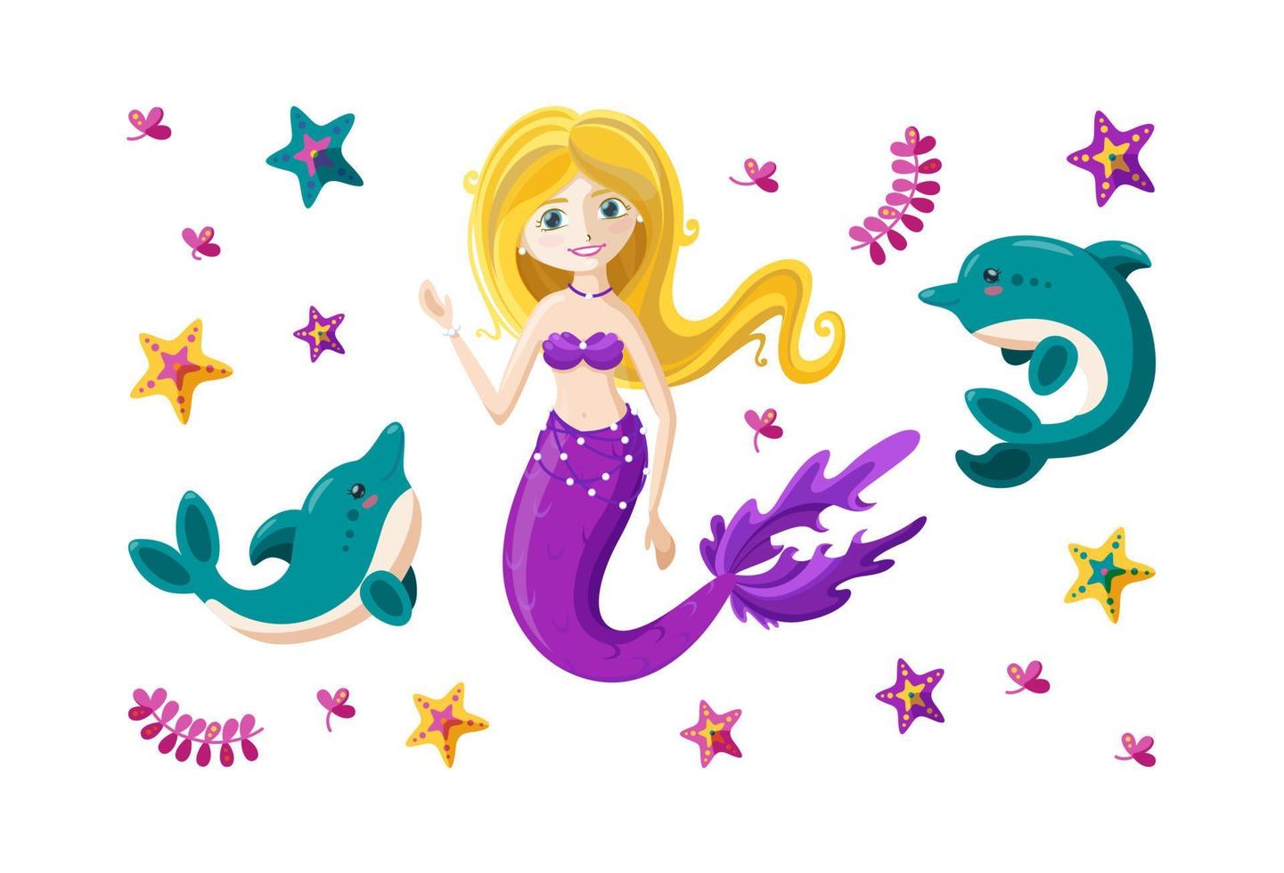 Set with fairy mermaid, little dolphins, seaweed and starfish. Mermaid with waving golden hair. Vector illustration.