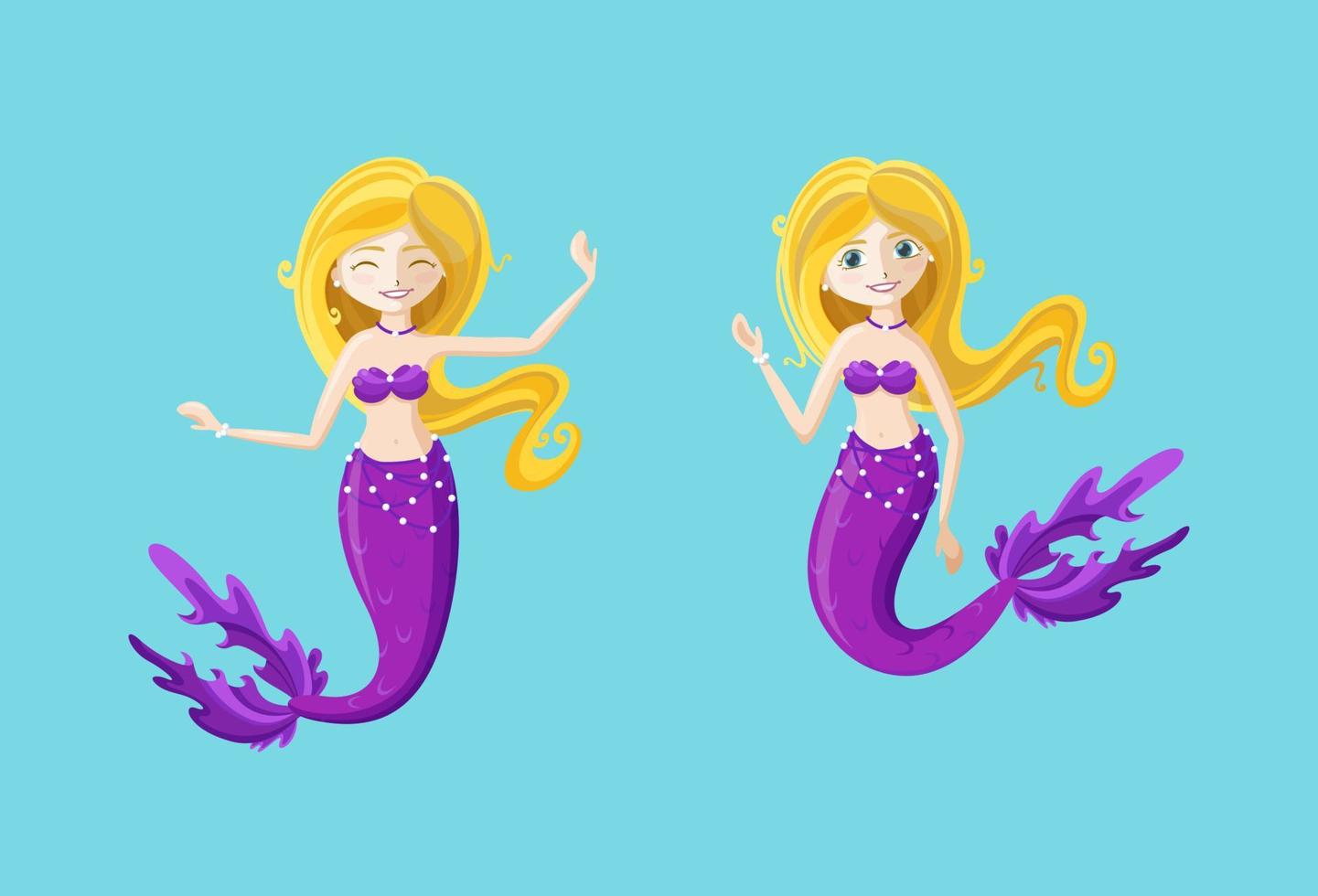 Set with mermaids in cartoon style. Mermaids isolated in blue background. Vector illustration.