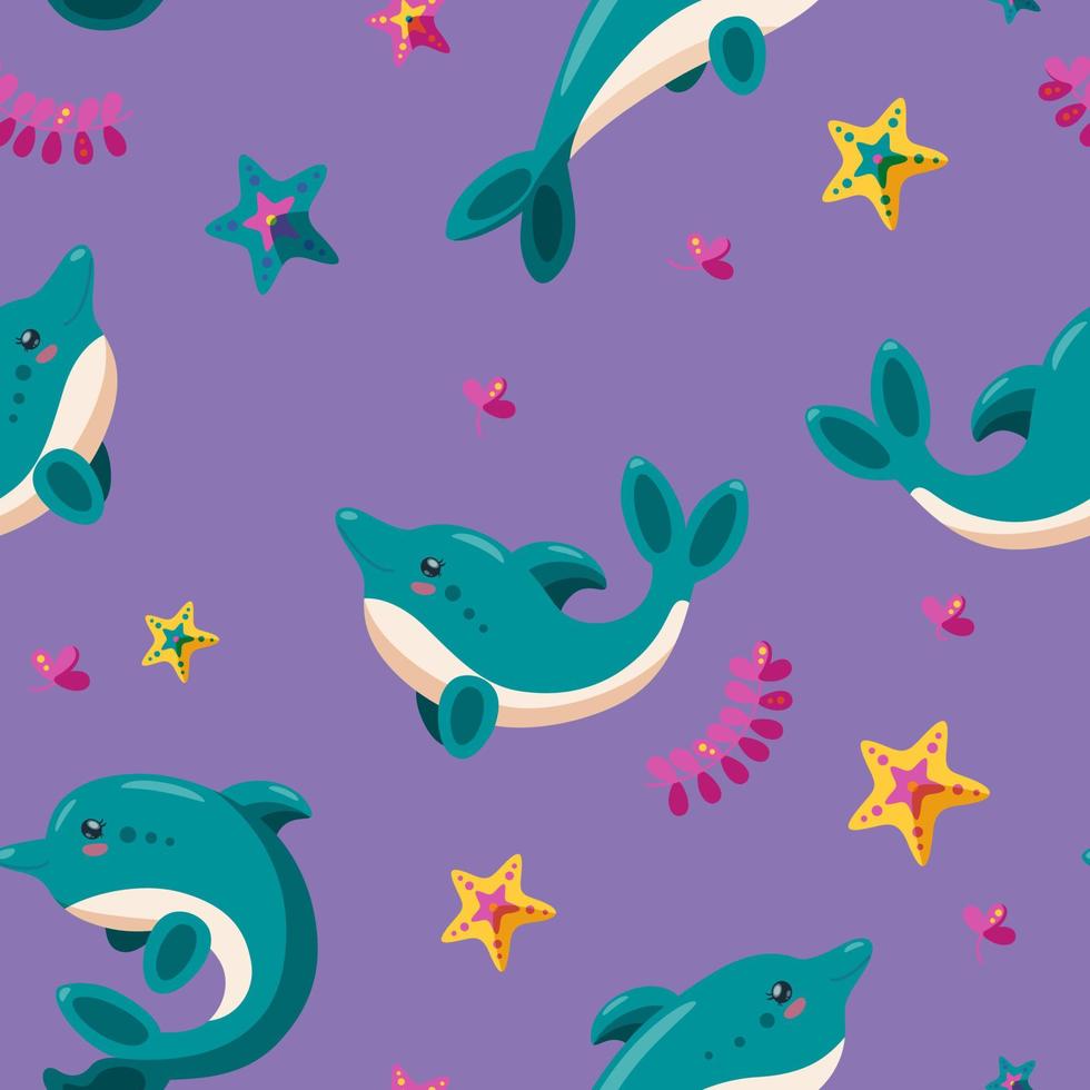 Seamless pattern with dolphins, starfish and seaweed. Pattern for backgrounds. Cartoon vector illustration.