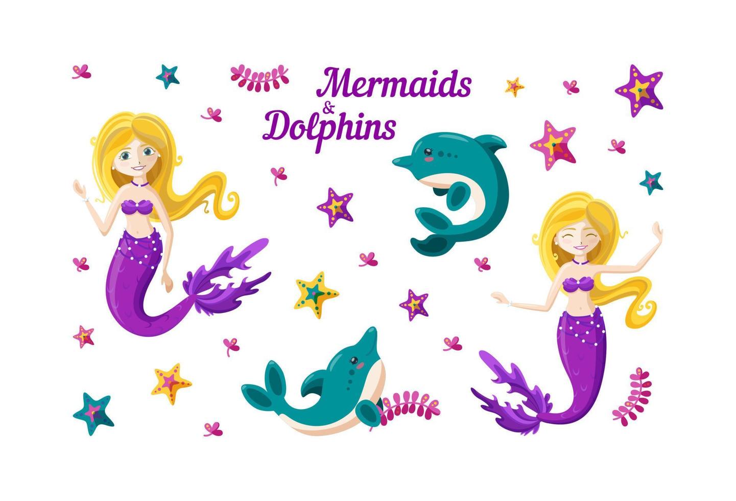 Mermaid, dolphins, seaweed and colorful starfish in big set. Mermaid with golden hair. Vector illustration of fantasy underwater world.