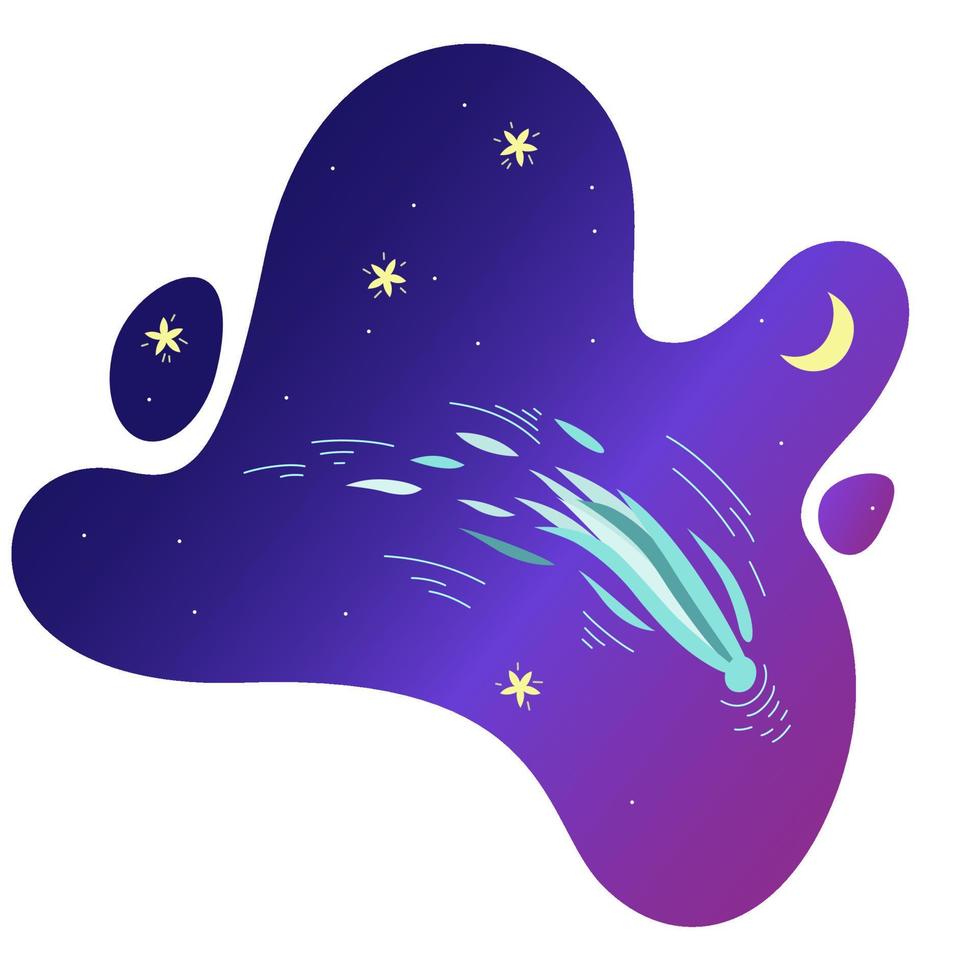 cometa volador en el púrpura Violeta cielo con brillante estrellas y creciente Luna. vector ilustración en linda dibujos animados estilo