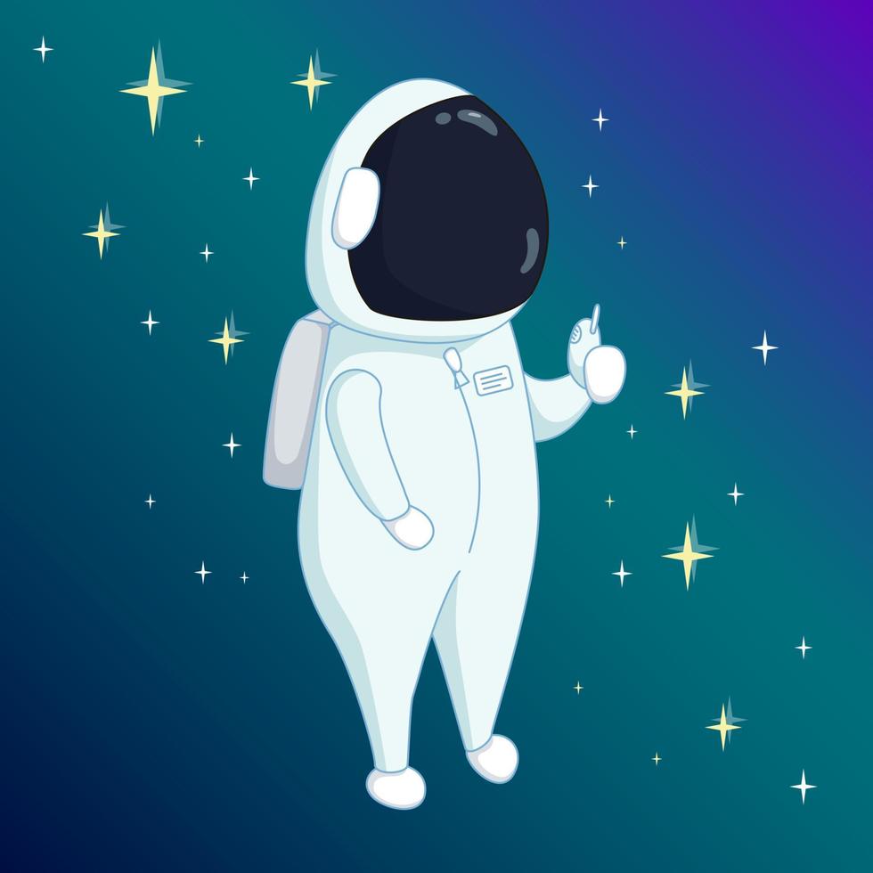 Astronaut in the open space with shining stars behind him. Vector illustration in cute cartoon style