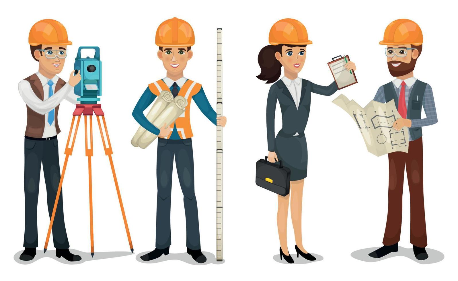 civil ingeniero, topógrafo, arquitecto y construcción trabajadores aislado vector ilustración.