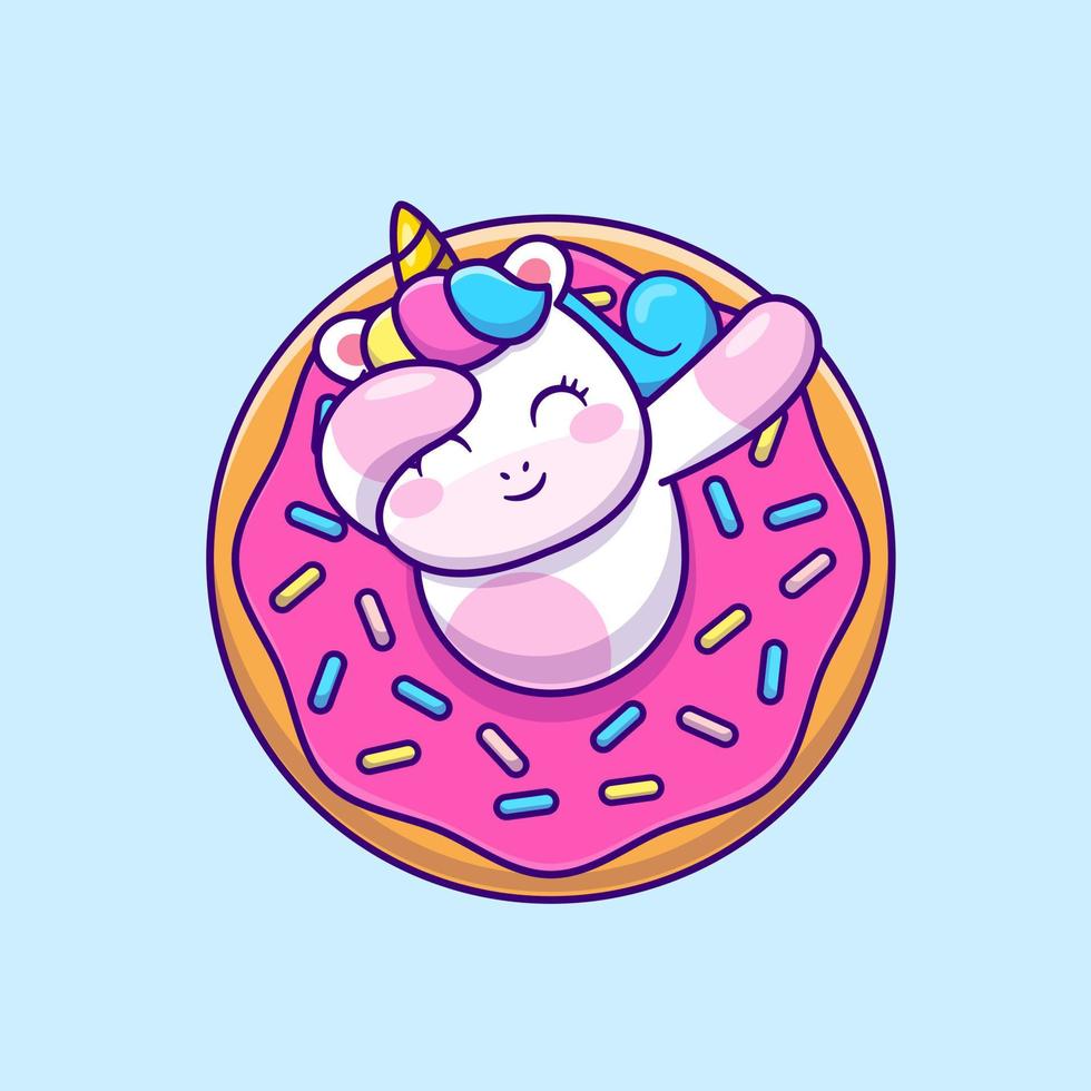 Cute Unicorn Dabbing With Doughnut Cartoon Vector Icon Illustration. Animal Food Icon Concept Isolated Premium Vector. Flat Cartoon Style