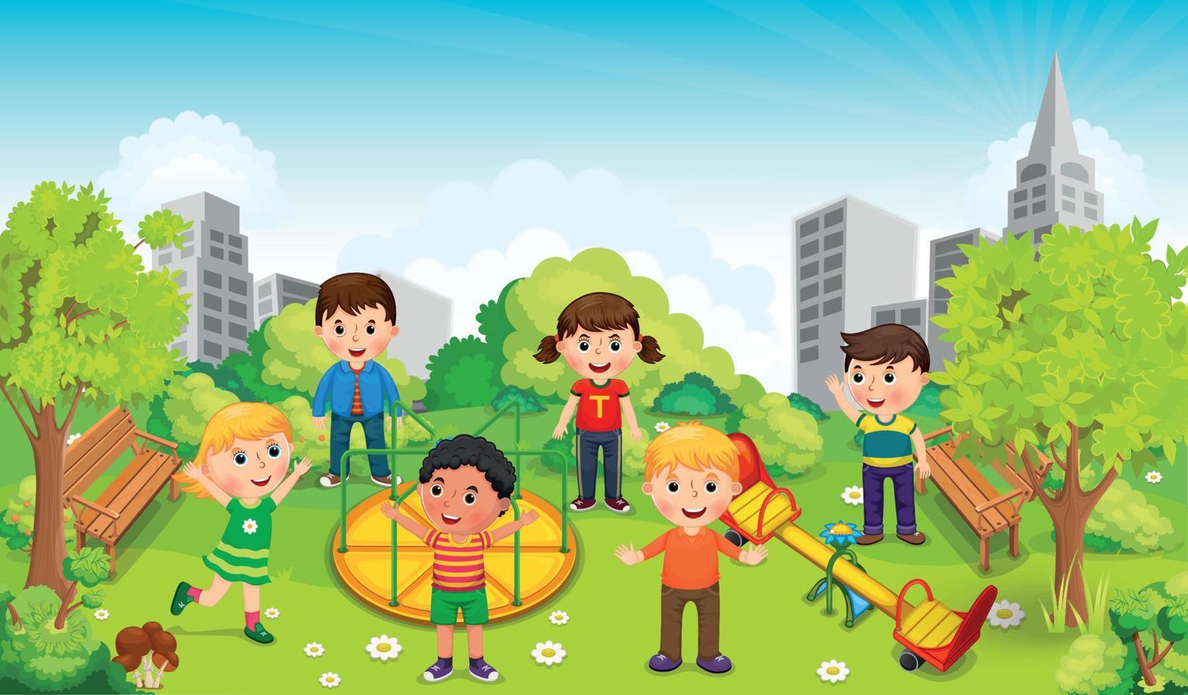 Children playing in the middle of the park against the backdrop of the city. Vector illustration