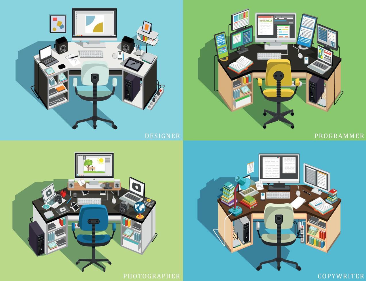 Workplace at the computer of different professions. Programmer, Designer Photographer, Copywriter. Vector illustration