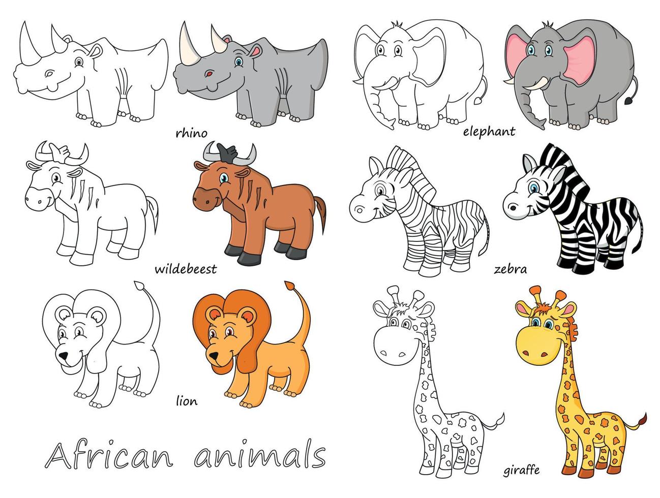 dibujos animados africano animales contorno y de colores vector ilustración