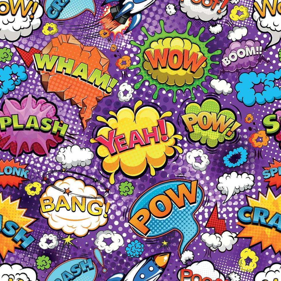 Comic speech bubbles seamless pattern on violet background vector illustration