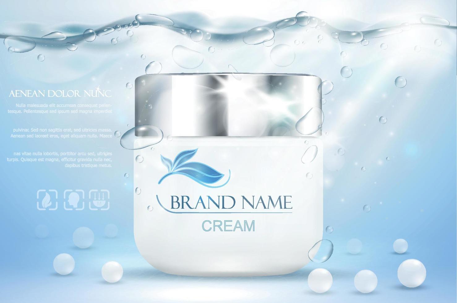 Aqua cream moisturizing cosmetic. Advertising realistic underwater blue template. Skincare promotion. Hydrating facial lotion. Vector illustration