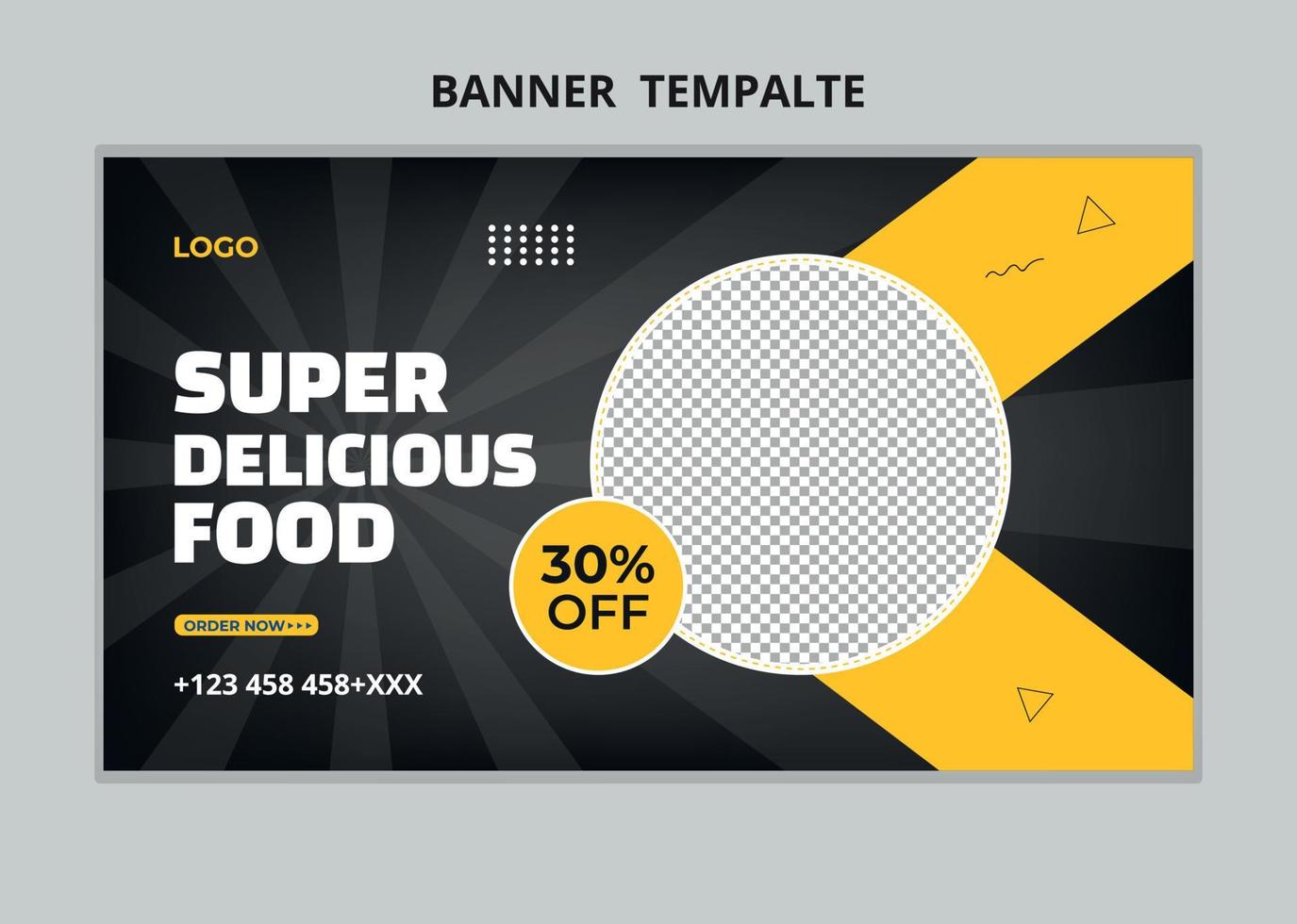 Restaurant food menu social media marketing web banner. Pizza, burger or hamburger online sale promotion video thumbnail. Fast food website background. Food flyer with logo and business icon vector