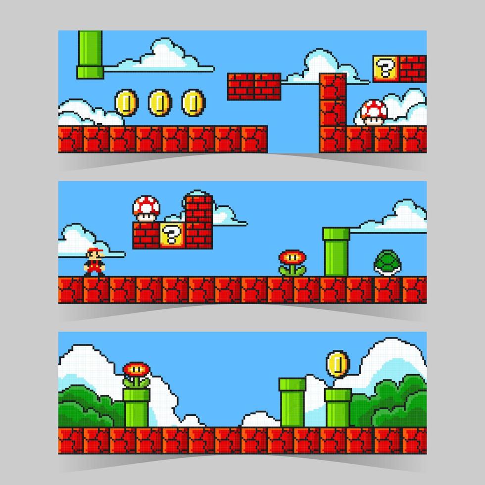 Arcade Game Pixelated Scene Banners Set vector