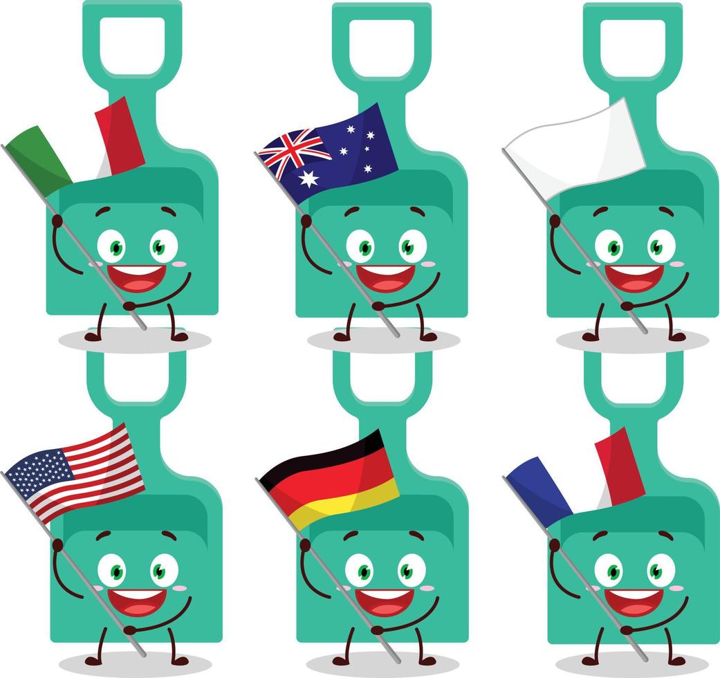Sand shovel cartoon character bring the flags of various countries vector