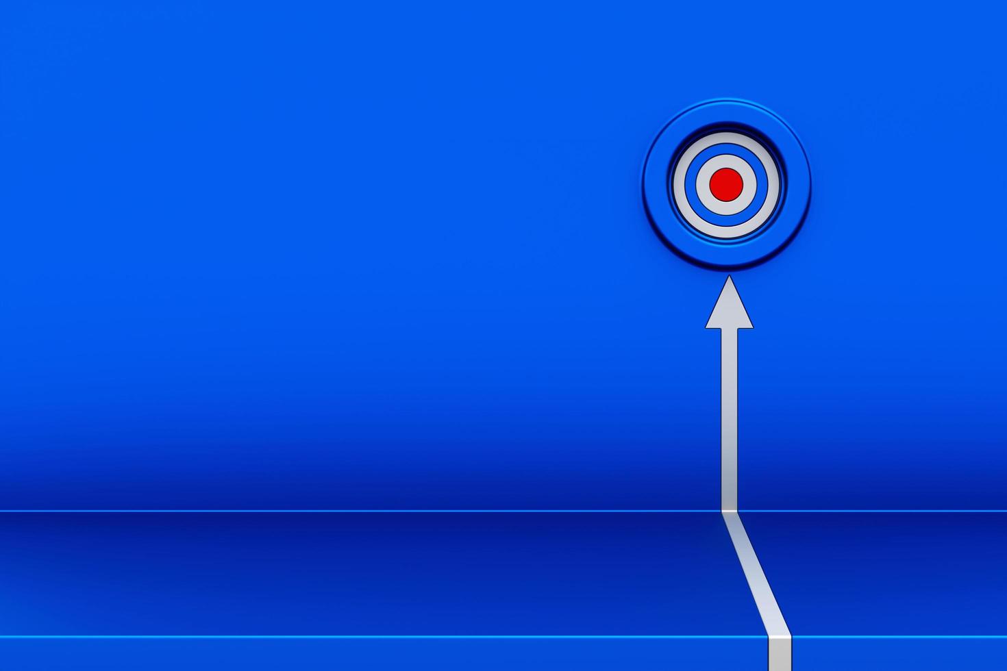 blanco flecha golpear el objetivo en azul metal pared. blanco flecha alpinismo arriba encima, 3d flecha yendo hacia arriba, negocio estrategia y objetivo logro concepto. 3d representación foto