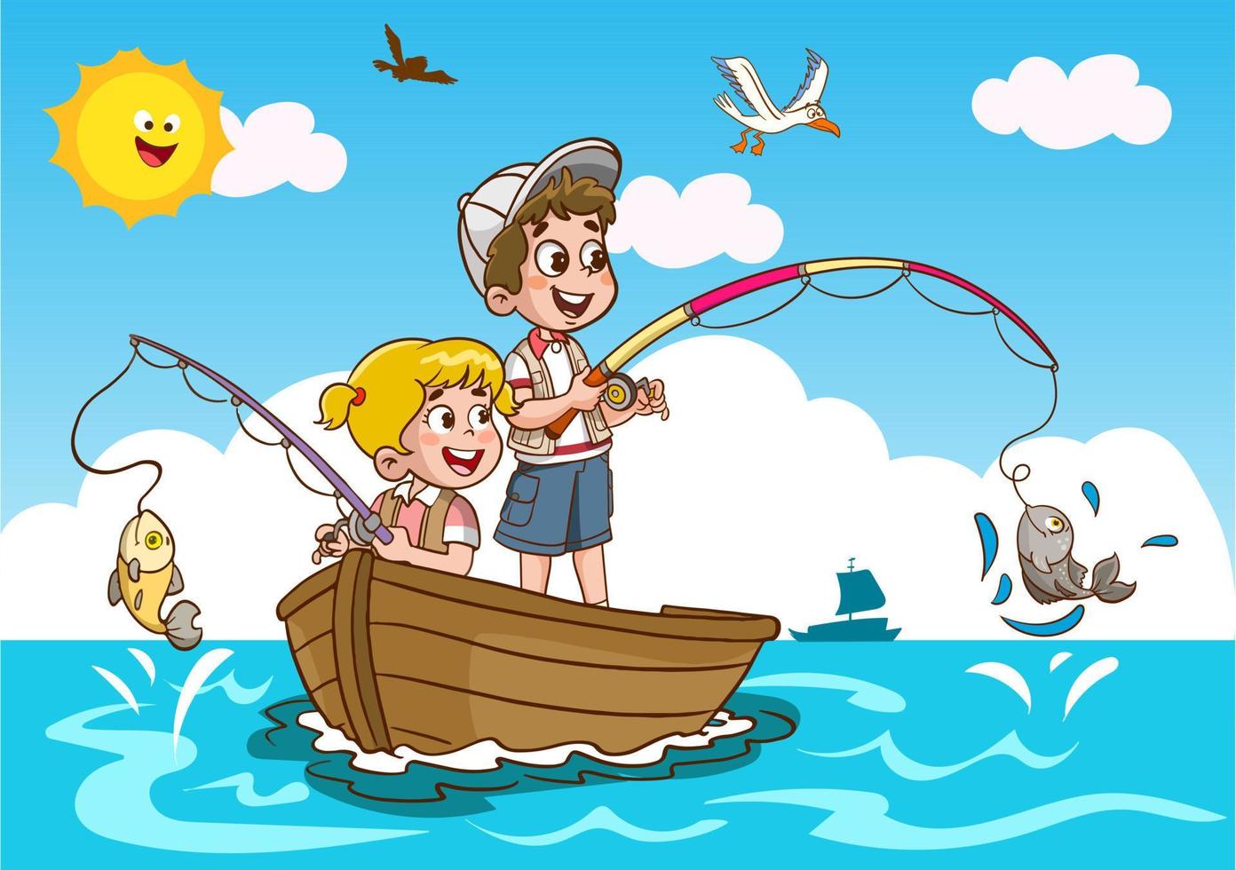 niños pescar en el mar dibujos animados vector