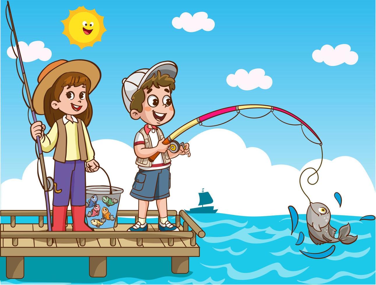 Kids Catching Fish Vector Art, Icons, and Graphics for Free Download