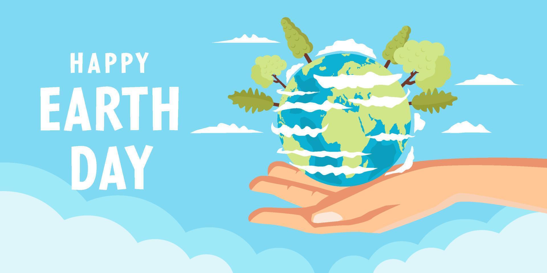 happy earth day banner illustration in flat style with hands holding earth vector