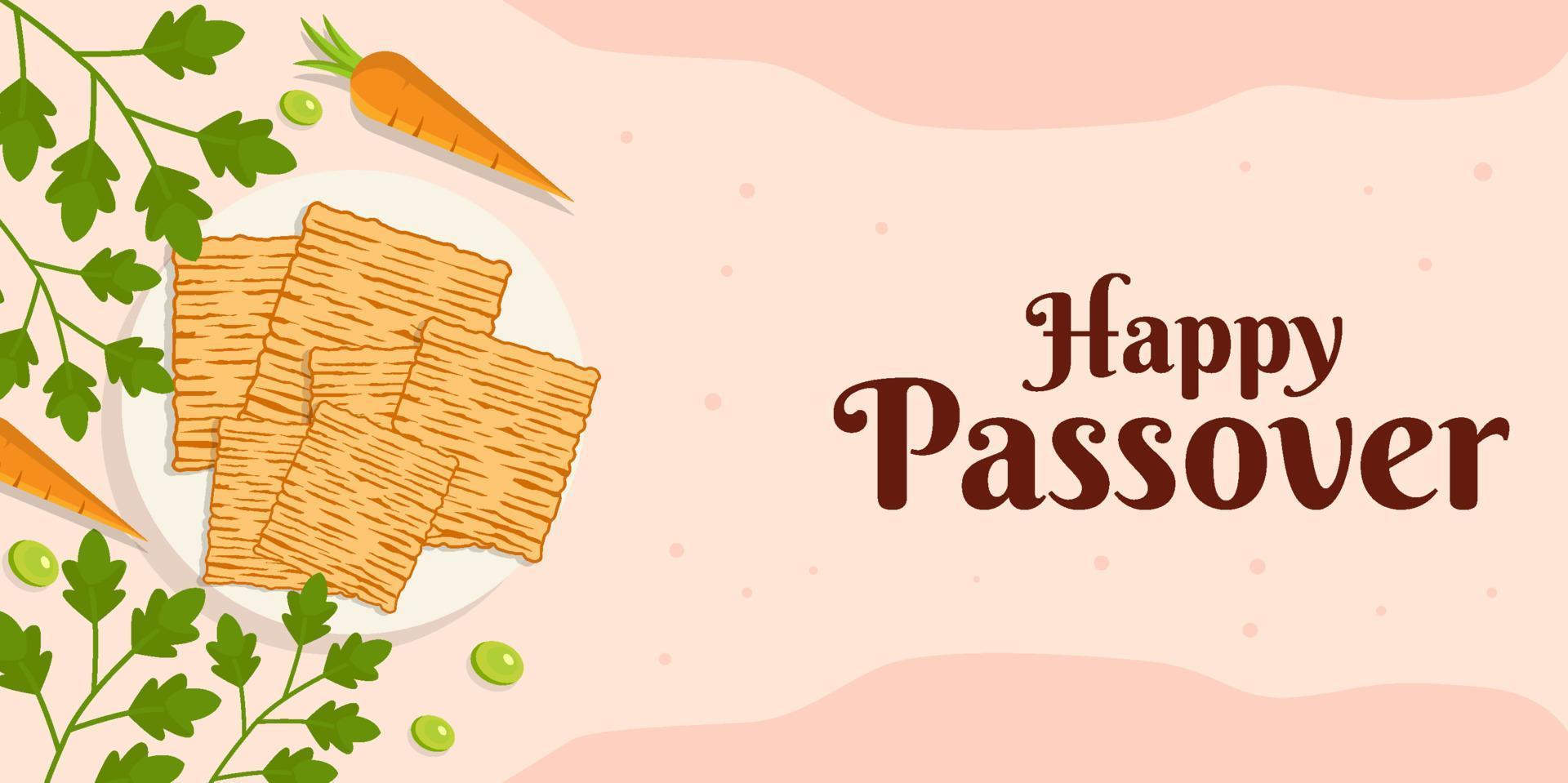 happy passover banner illustration with bread, carrot, and vegetables vector