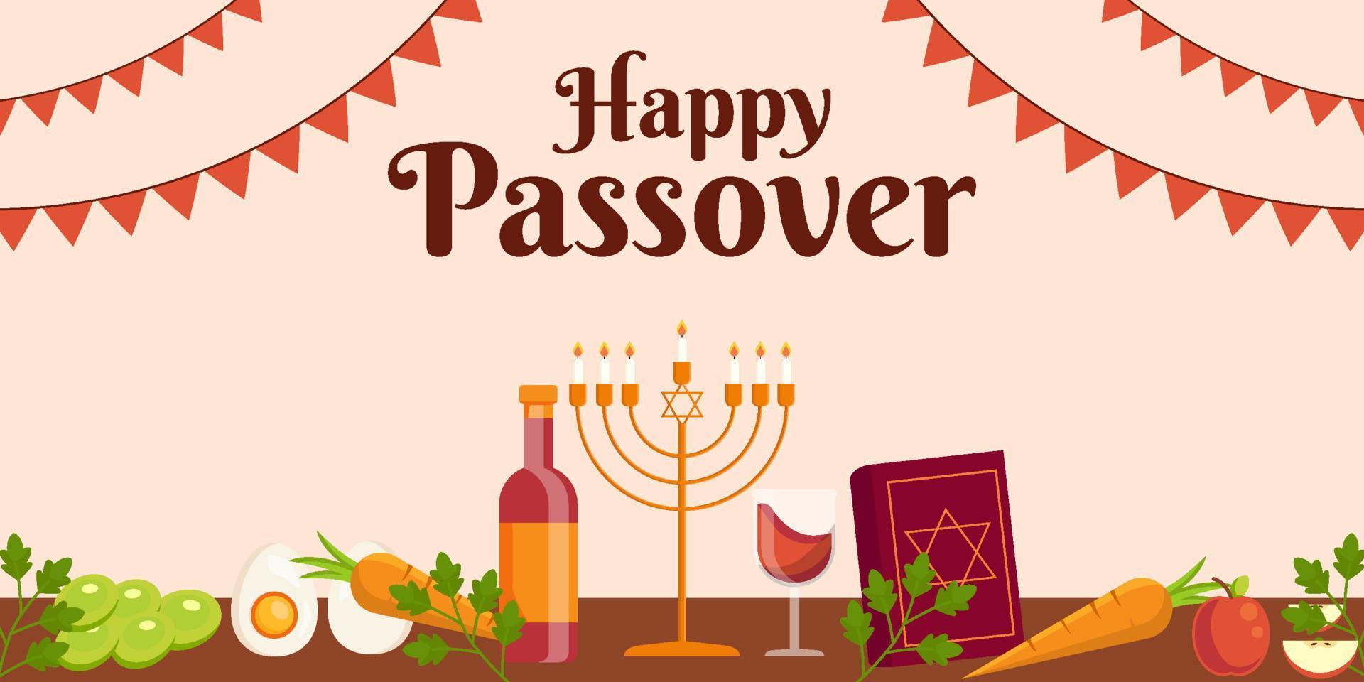 flat happy passover horizontal banner illustration with vegetables, holy book, and drink vector