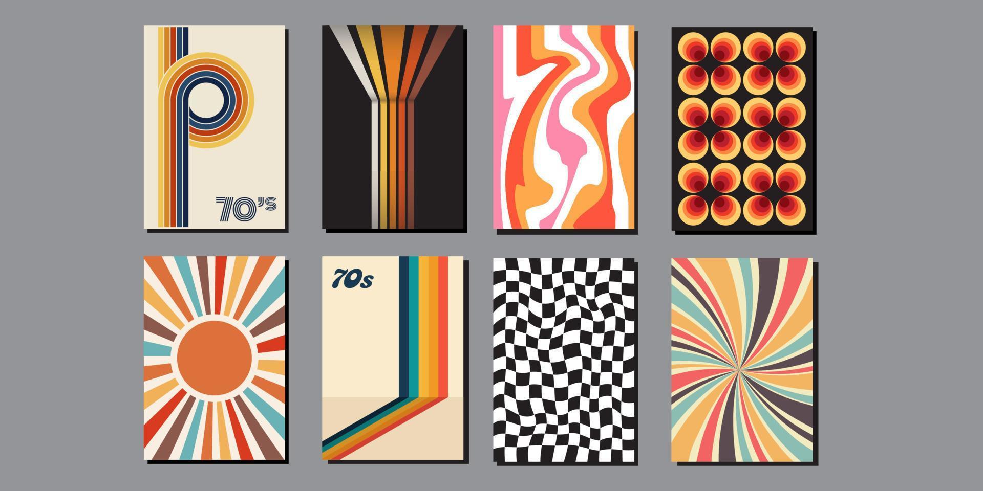 Años 70 póster recopilación. conjunto de obras de arte en hippie, miedoso, psicodélico y Clásico estilo. setenta vibraciones antecedentes. plantillas para revistas, volantes, tarjetas aislado diseños desde 1970. vector