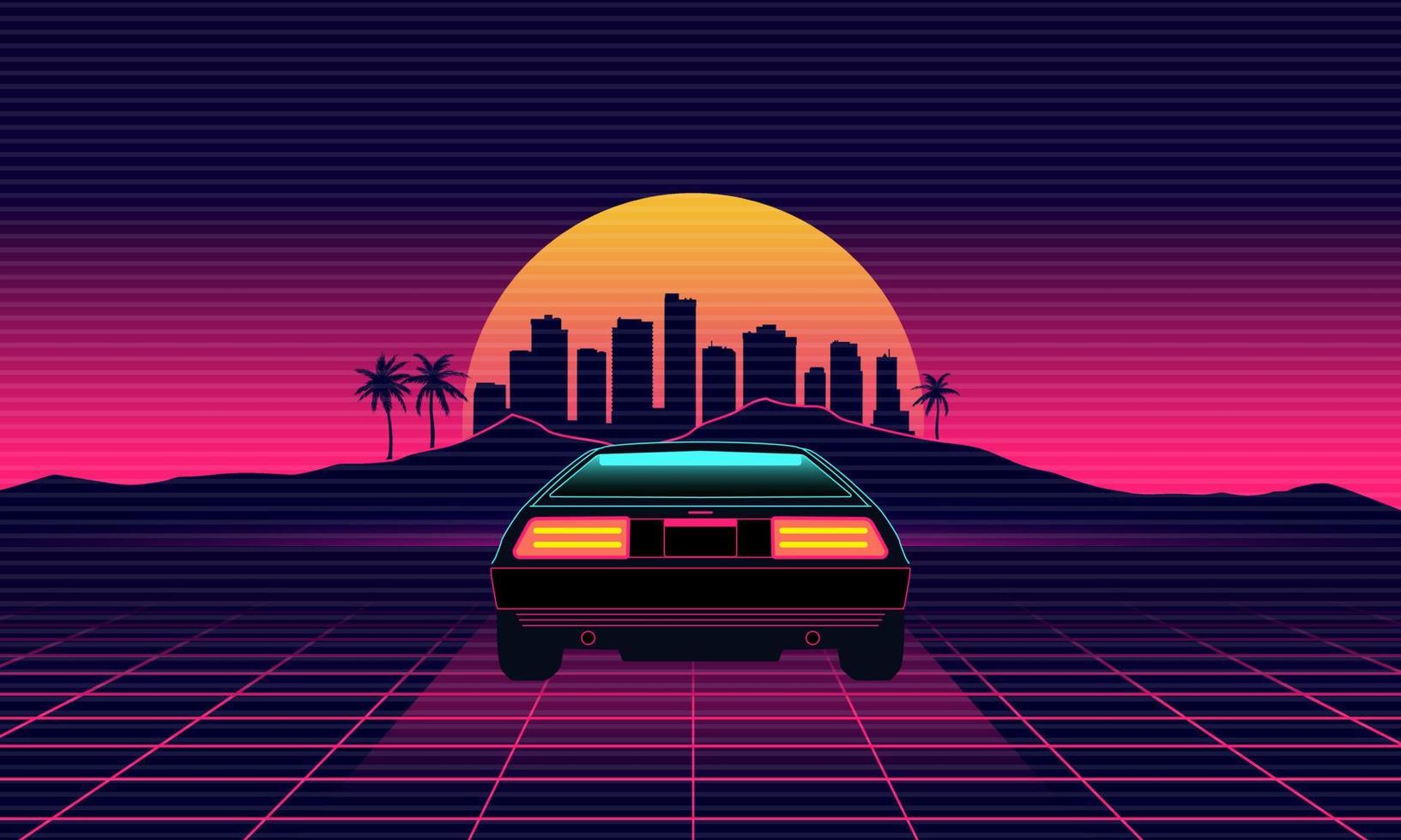 Años 80 retro coche en 3d virtual realidad. puesta de sol correr más que paisaje en Clásico estilo.1980 vibras. computadora gráfico diseño con cuadrícula y ciudad en horizonte. ciencia ficción ilustración con neón luces y la carretera. vector