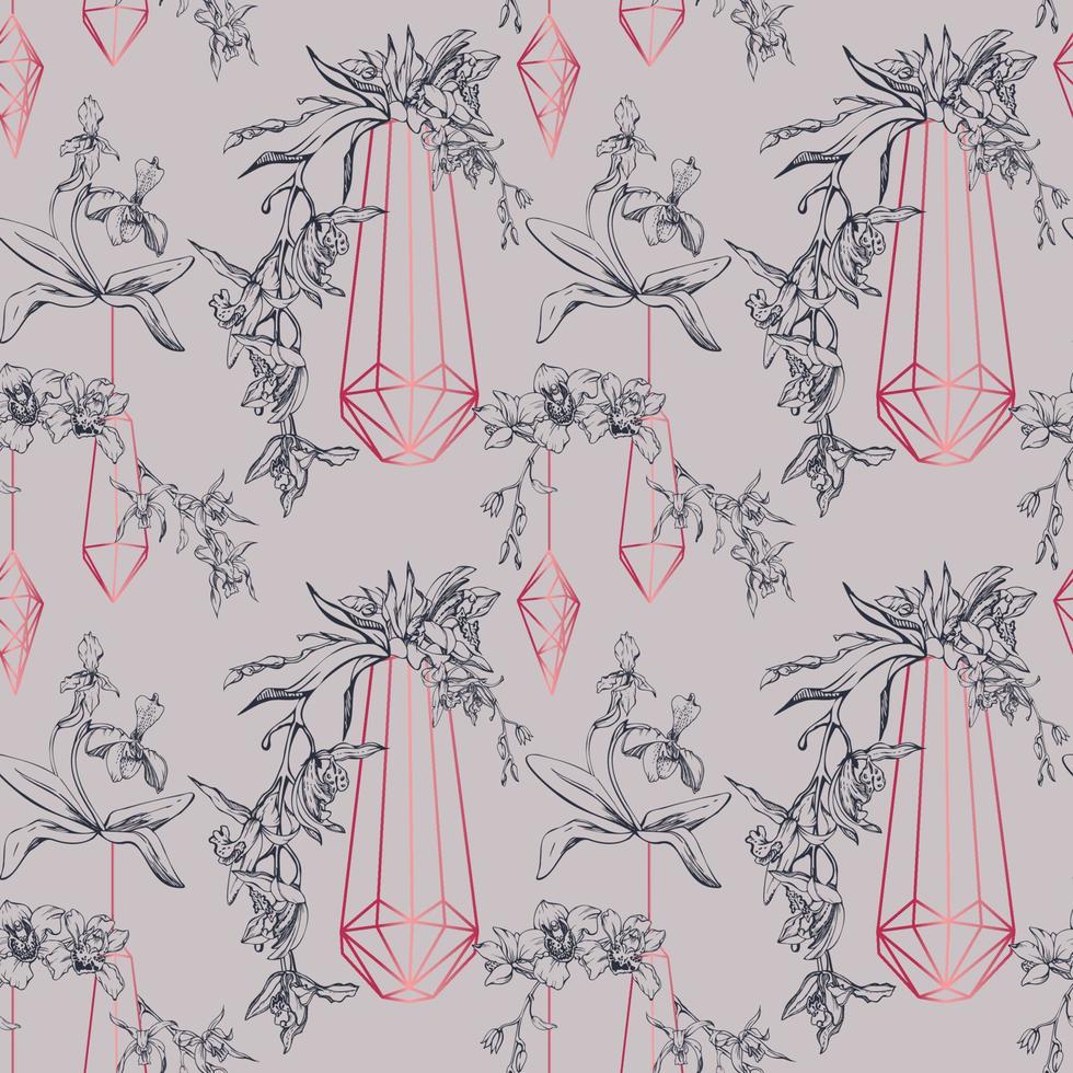 Hand drawn vector ink orchid flowers and branches, monochrome, detailed outline. Seamless pattern with crystal forms. Viva magenta color. For wall art, wedding, print, tattoo, cover, card.