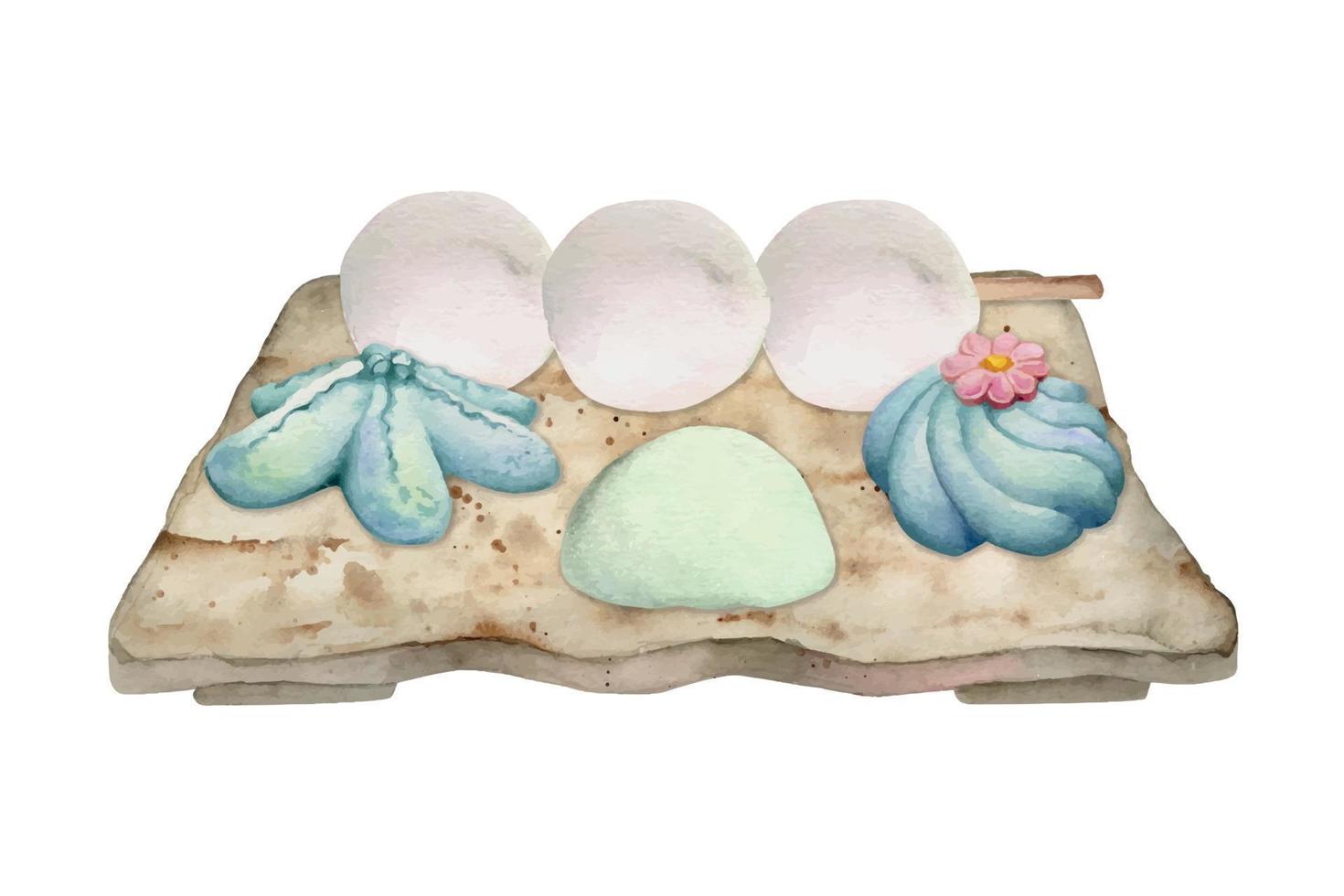 Watercolor hand drawn traditional Japanese sweets. Ceramic dish, summer neri-kiri, mochi, objects. Isolated on white background. Design for invitations, restaurant menu, greeting cards, print, textile vector