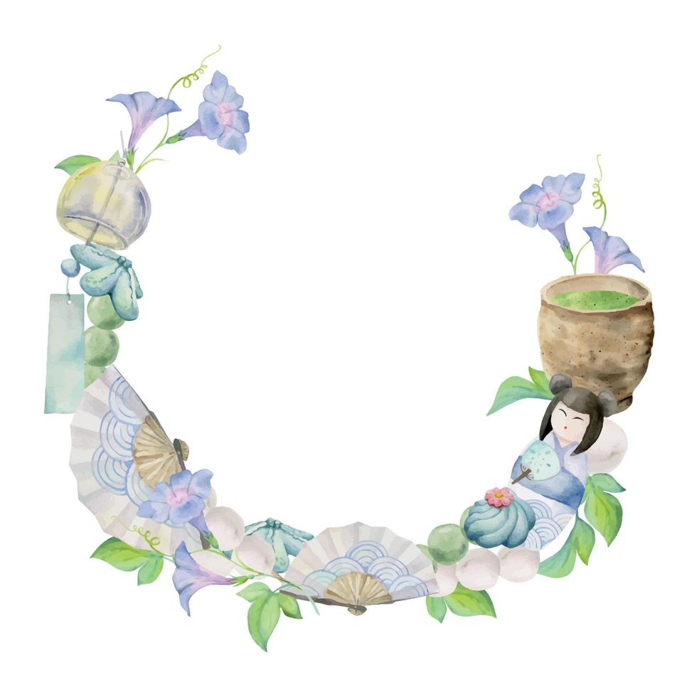 Watercolor hand drawn traditional Japanese sweets. Wreath of summer wagashi, flowers, objects. Isolated on white background. Design for invitations, restaurant menu, greeting cards, print, textile vector