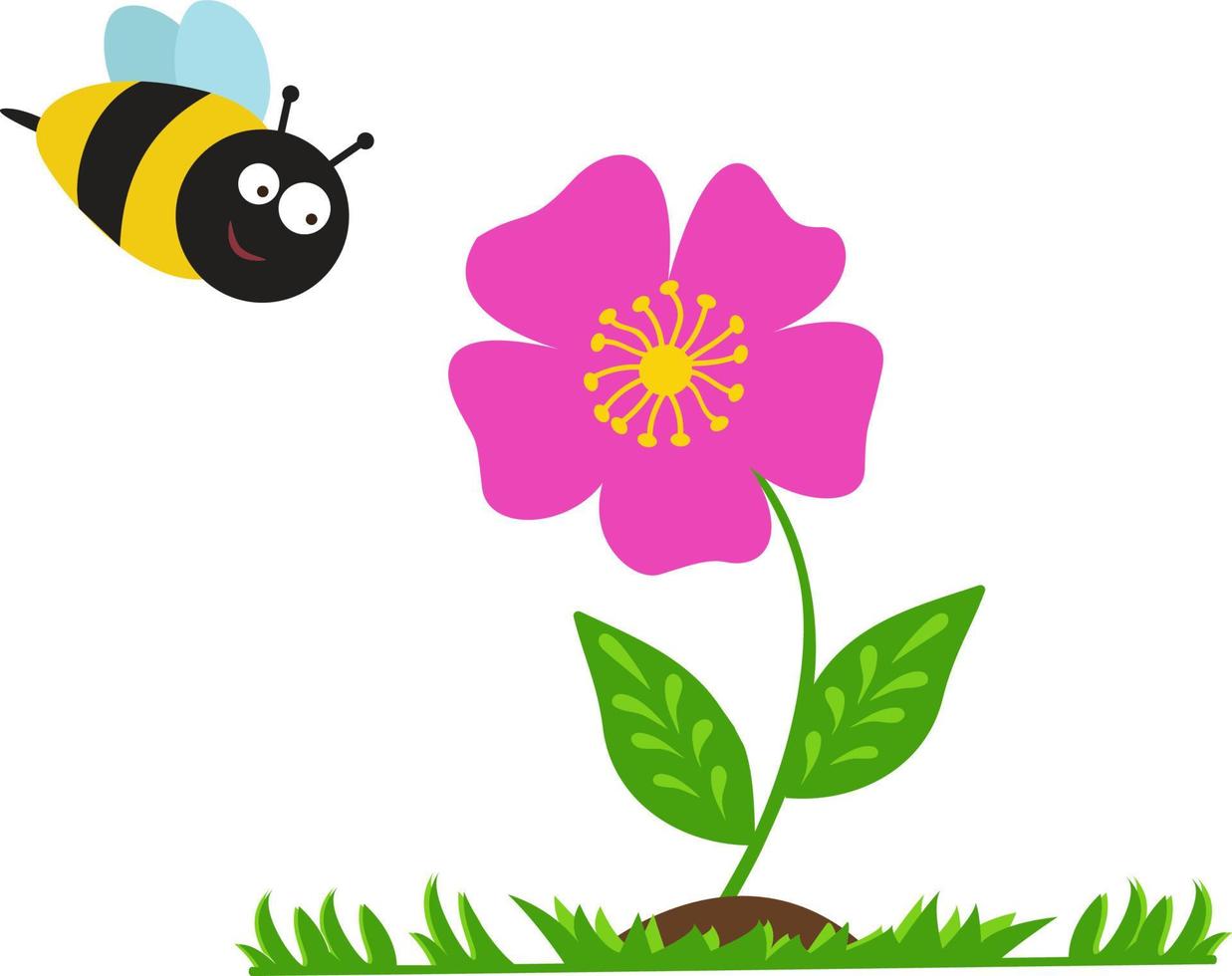 Vector illustration with a flower and a bee. Cute children's illustration. It is used for children's books and magazines, children's room decoration, marketing,advertising,web applications and design.