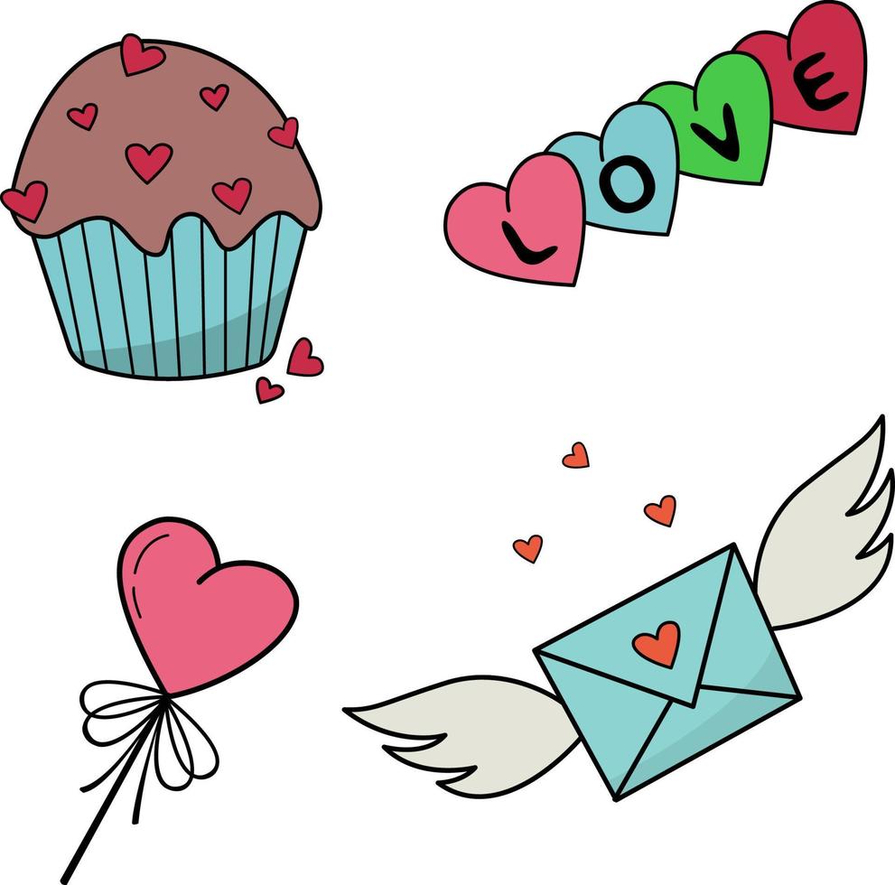 lindo conjunto con cupcake, dulces, carta sobre el tema del día de san valentín, boda, evento romántico. iconos vectoriales de contorno para sitios web e interfaces, aplicaciones móviles, iconos, postales. vector