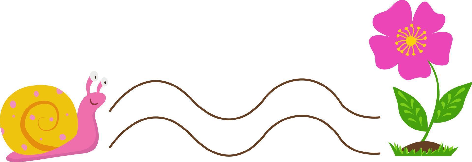 Draw a line between the snail and the flower. Handwriting practice for children.An educational children's game, a printed sheet for children with funny mistakes.Workshop on handwritten writing. vector