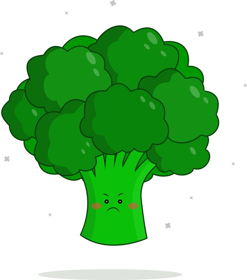 Broccoli with an angry expression on his face. Vector symbol on a white background. Sad broccoli. Vector illustration