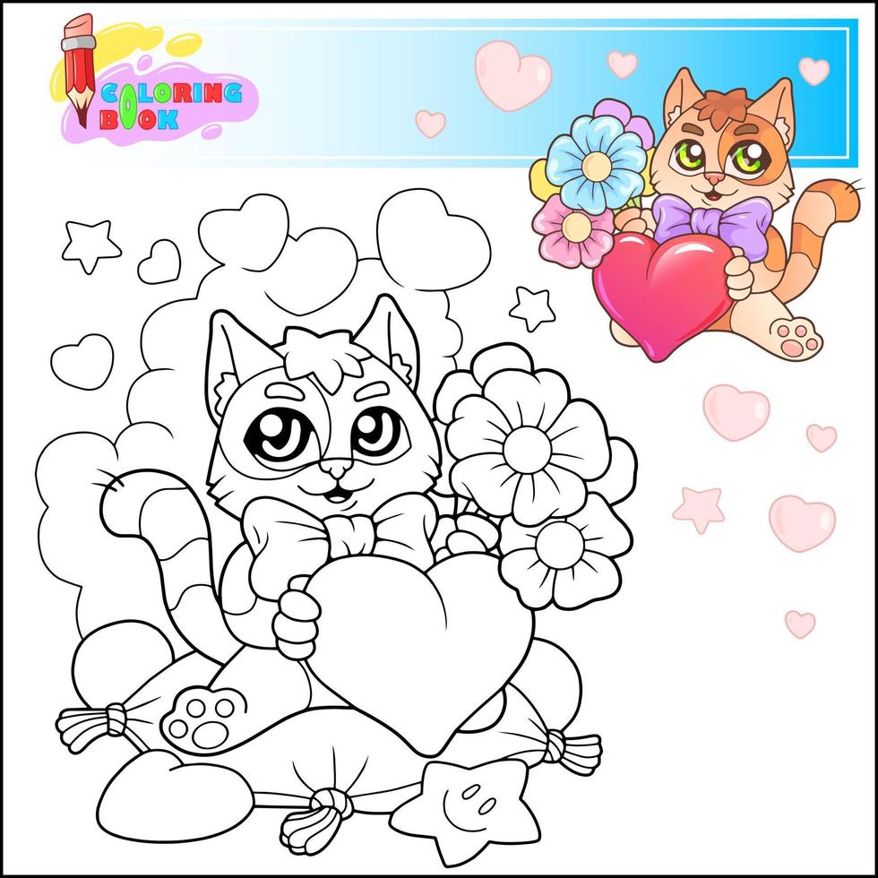 cute cartoon cat with flowers coloring book vector