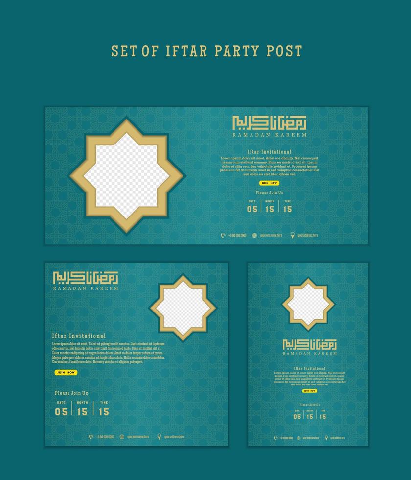 conjunto de iftar fiesta invitación, iftar media es desayunando social medios de comunicación modelo con islámico antecedentes diseño vector