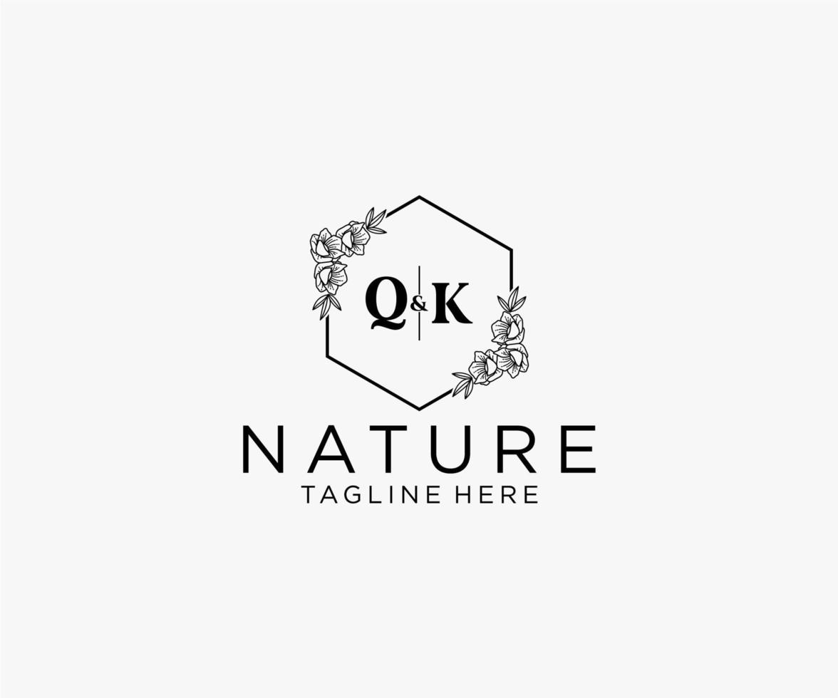 initial QK letters Botanical feminine logo template floral, editable premade monoline logo suitable, Luxury feminine wedding branding, corporate. vector
