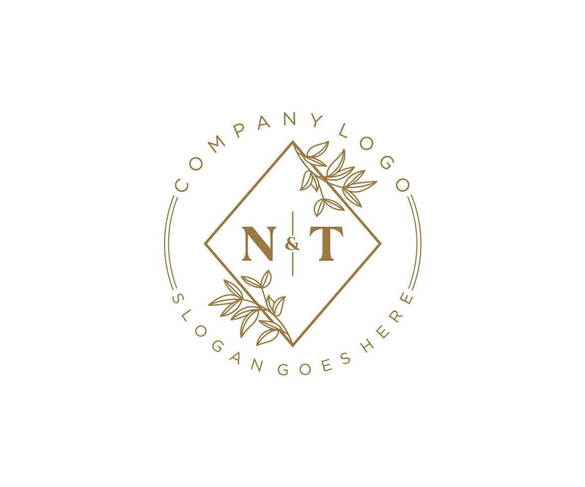 initial NT letters Beautiful floral feminine editable premade monoline logo suitable for spa salon skin hair beauty boutique and cosmetic company. vector