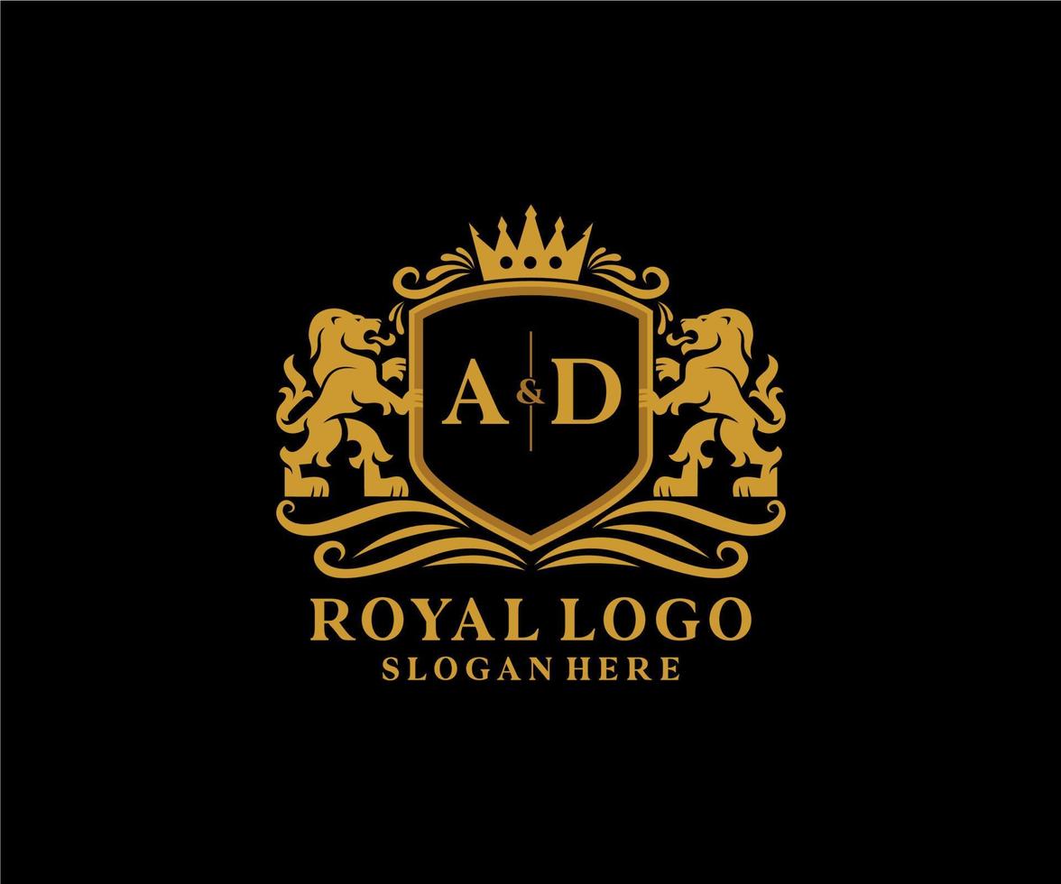 Initial AD Letter Lion Royal Luxury Logo template in vector art for Restaurant, Royalty, Boutique, Cafe, Hotel, Heraldic, Jewelry, Fashion and other vector illustration.