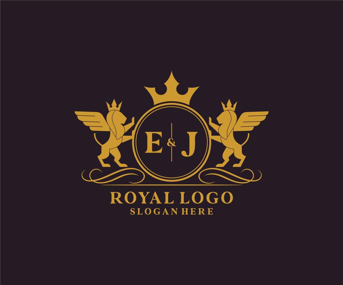 Initial EJ Letter Lion Royal Luxury Heraldic,Crest Logo template in vector art for Restaurant, Royalty, Boutique, Cafe, Hotel, Heraldic, Jewelry, Fashion and other vector illustration.