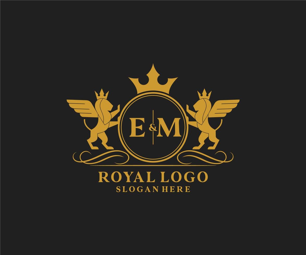 Initial EM Letter Lion Royal Luxury Heraldic,Crest Logo template in vector art for Restaurant, Royalty, Boutique, Cafe, Hotel, Heraldic, Jewelry, Fashion and other vector illustration.
