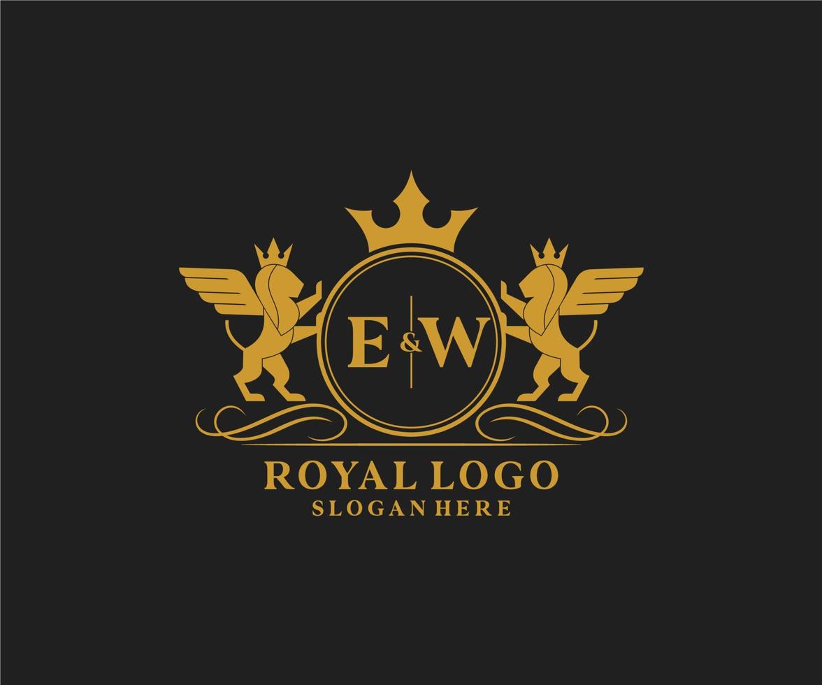 Initial EW Letter Lion Royal Luxury Heraldic,Crest Logo template in vector art for Restaurant, Royalty, Boutique, Cafe, Hotel, Heraldic, Jewelry, Fashion and other vector illustration.
