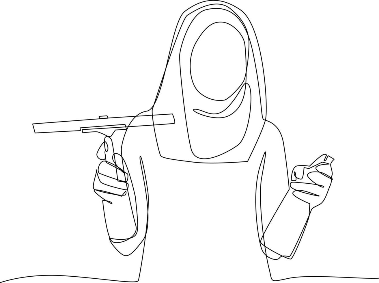 Continuous one line drawing happy Muslim woman cleaning in house. Concept of home health care activities. Single line draw design vector graphic illustration.
