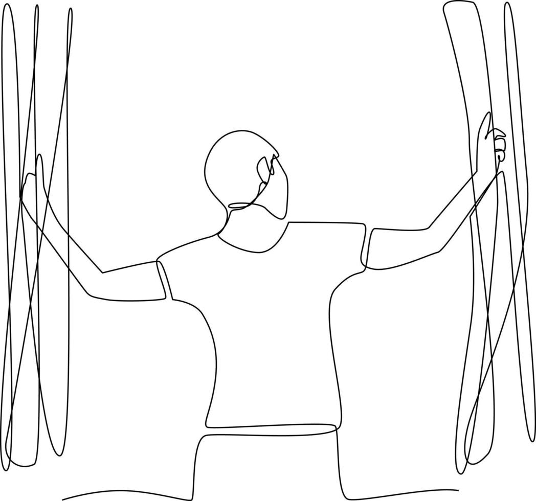 Continuous one line drawing happy man open the window in morning. Concept of home health care activities. Single line draw design vector graphic illustration.