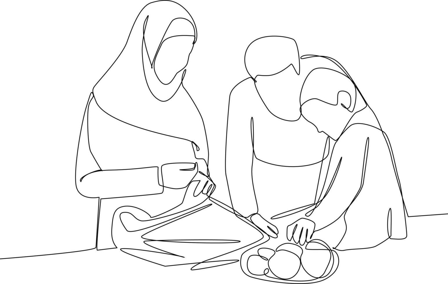 continuo uno línea dibujo musulmán mujer son reunión con familia. concepto de hogar salud cuidado actividades. soltero línea dibujar diseño vector gráfico ilustración.