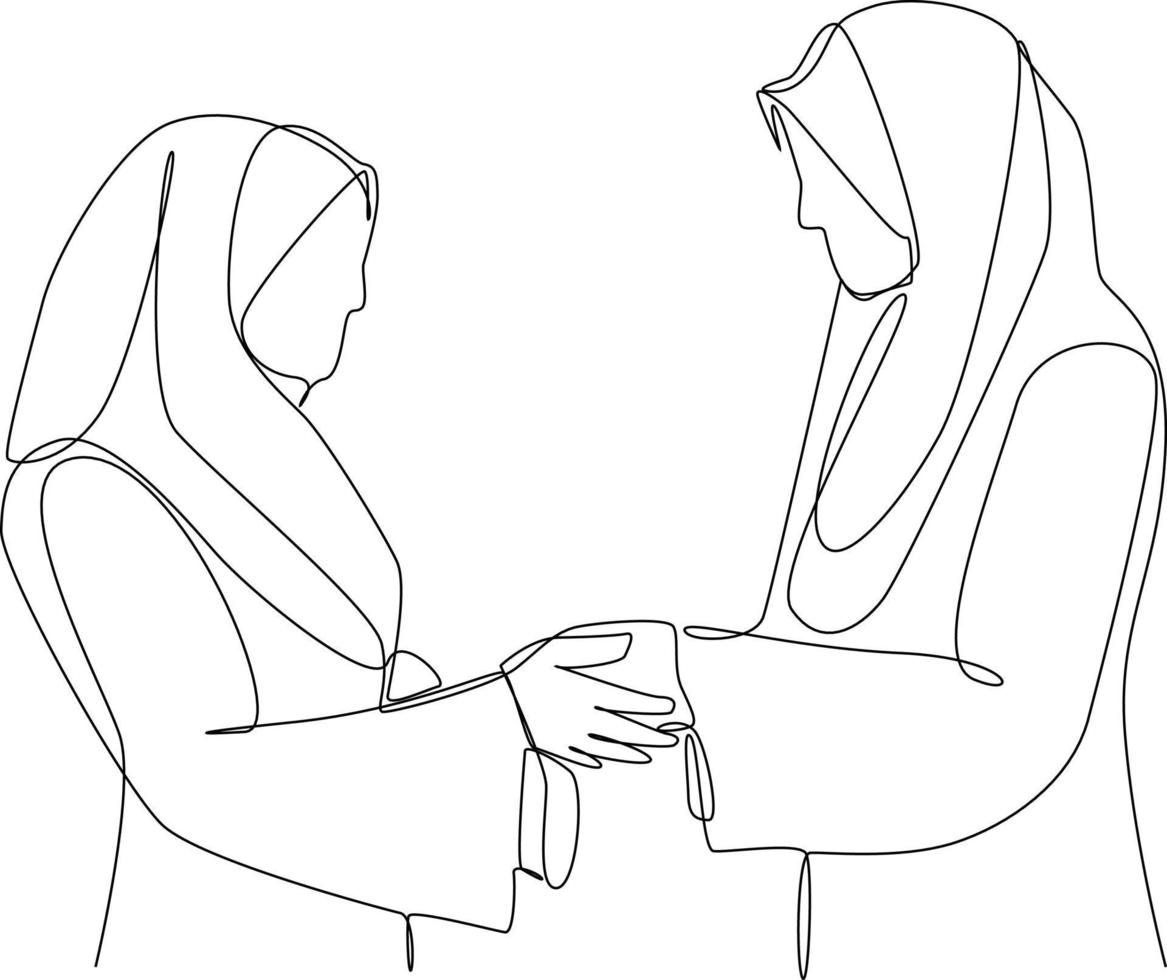 Continuous one line drawing people shaking hands with each other.  Eid al-Fitr concept. Single line draw design vector graphic illustration.