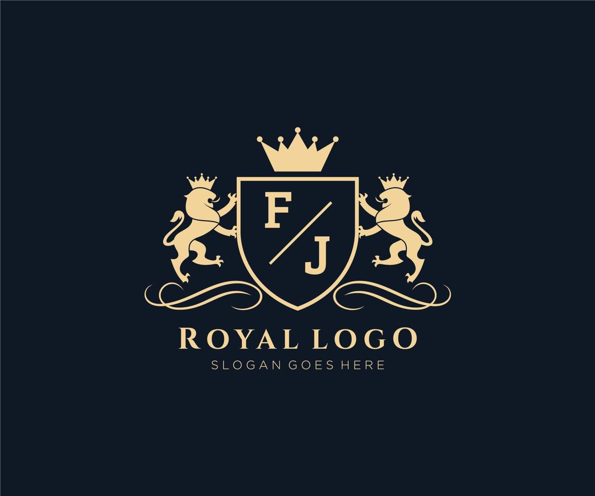 Initial FJ Letter Lion Royal Luxury Heraldic,Crest Logo template in vector art for Restaurant, Royalty, Boutique, Cafe, Hotel, Heraldic, Jewelry, Fashion and other vector illustration.