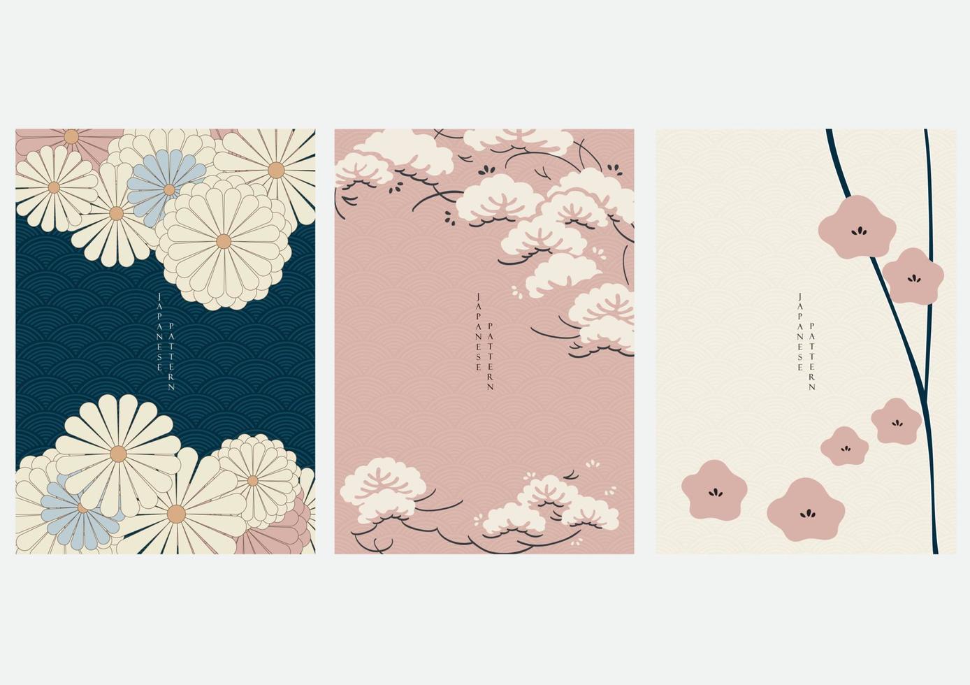 Japanese background with camellia flower element vector. Abstract art template with Asian icon elements. Floral pattern with bonsai tree in vintage style. vector