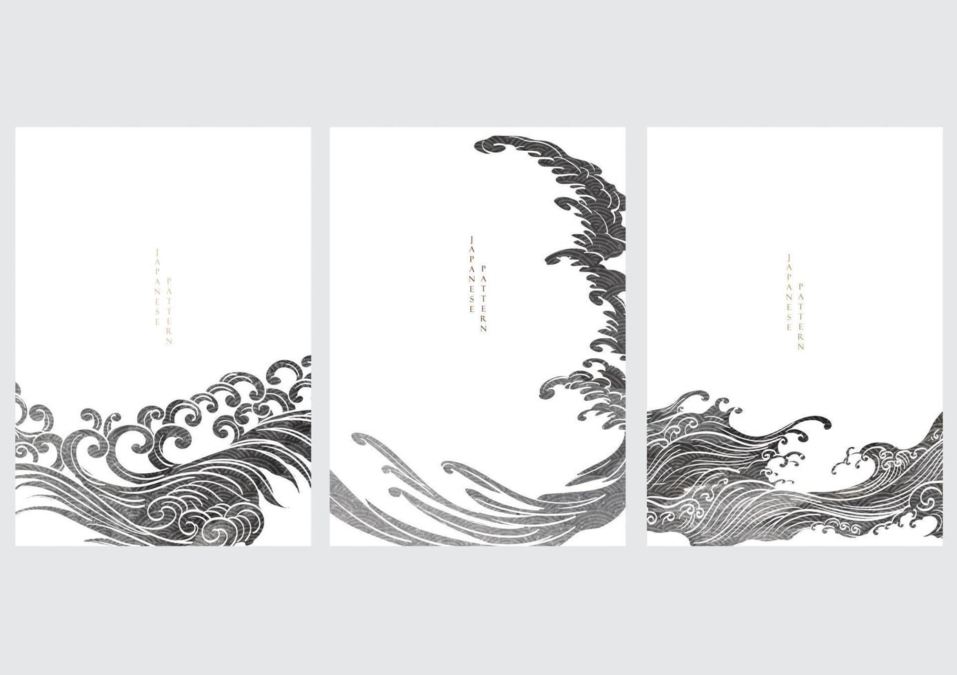 Japanese background with hand drawn wave vector. Abstract black texture template with ocean sea elements in vintage style. vector