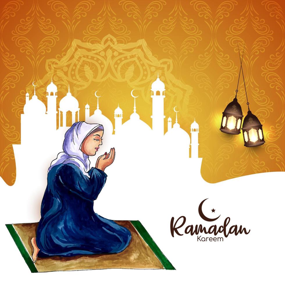 Ramadan Kareem festival celebration card with muslim female offering namaz vector